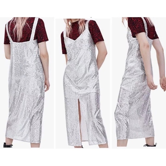 Zara NWT Gold Sequin Sparkle Sequin Midi Dress with Slit size S - Picture 4 of 11